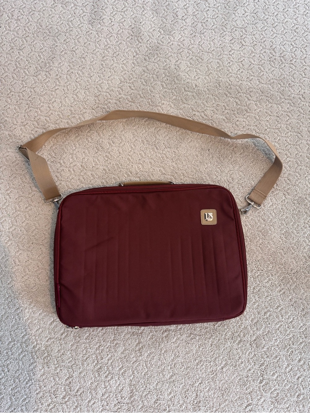 Burton Burgundy Crossbody Messenger laptop Bag with Tan Strap